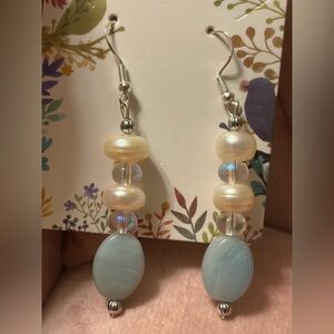 Feminine Silver Freshwater Pearl and Aquamarine Drop Earrings